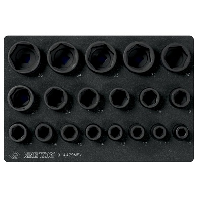 Набор ударных торцевых головок 1/2", шестигранные, 10-36 мм, ложемент, 19 предметов, KING TONY, 9-4429MPV